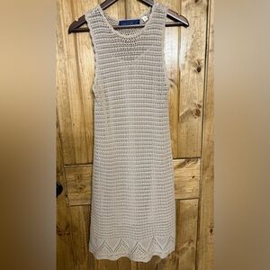 Francesca's Deanna open crochet shift Sleeveless Knit Dress in Beige, with slip